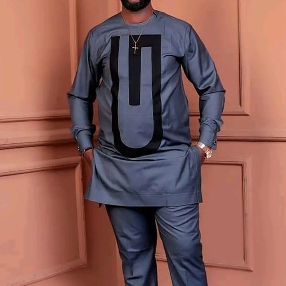 Men's Elegant Long Sleeve Suit Shirt Pants 2-piece Solid Color Party Long Sleeve African Ethnic Style-men suit-Top Super Deals-As Picture 25-M-Free Item Online