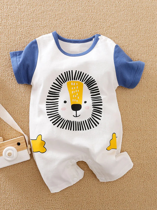 Baby Boy Girl Newborn Casual Contrasting Cute Lion Print Comfortable Cotton Short Sleeved Summer Jumpsuit For Young Children
