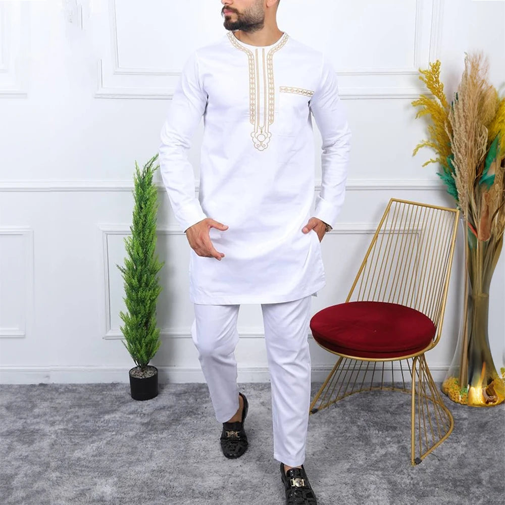 Men's Elegant Long Sleeve Suit Shirt Pants 2-piece Solid Color Party Long Sleeve African Ethnic Style-men suit-Top Super Deals-As Picture 18-M-Free Item Online