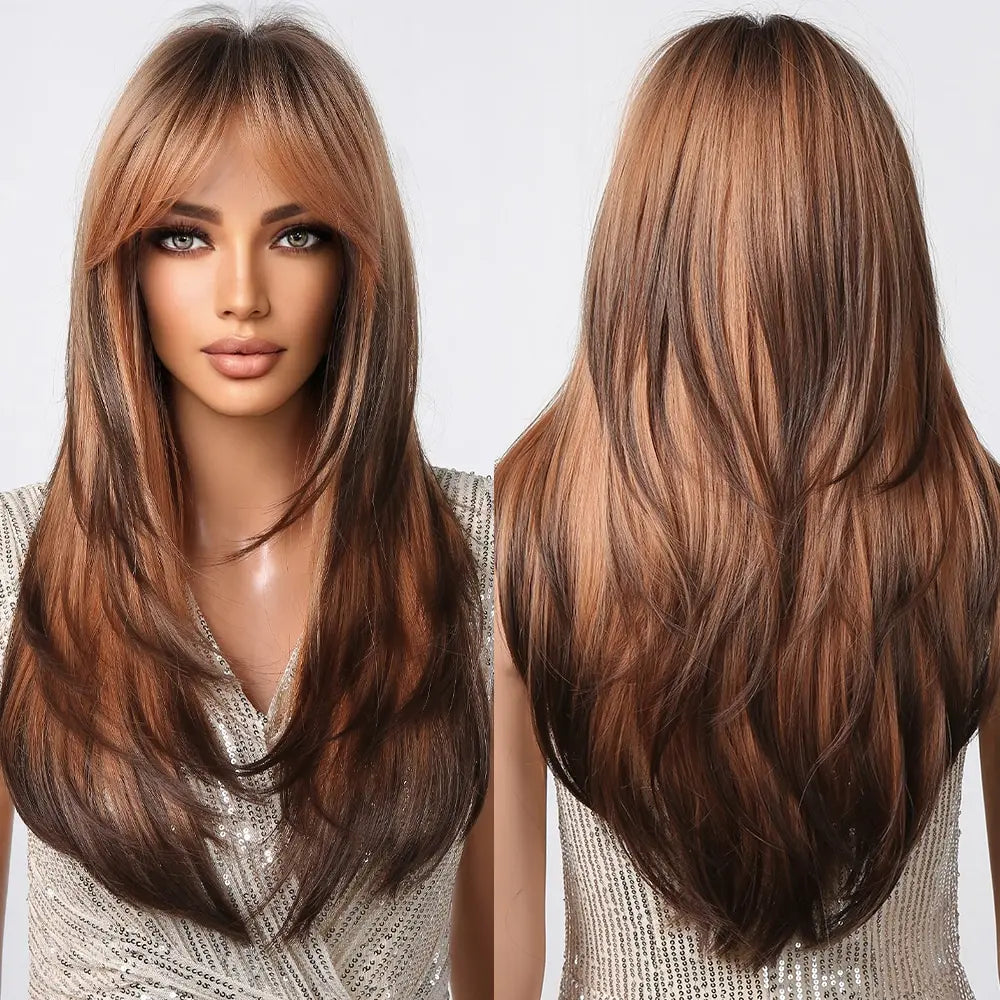 Brown to Light Ash Brown Blonde Wigs with Bangs Layered Synthetic Wigs for Women Long Natural Hair Cospay Party