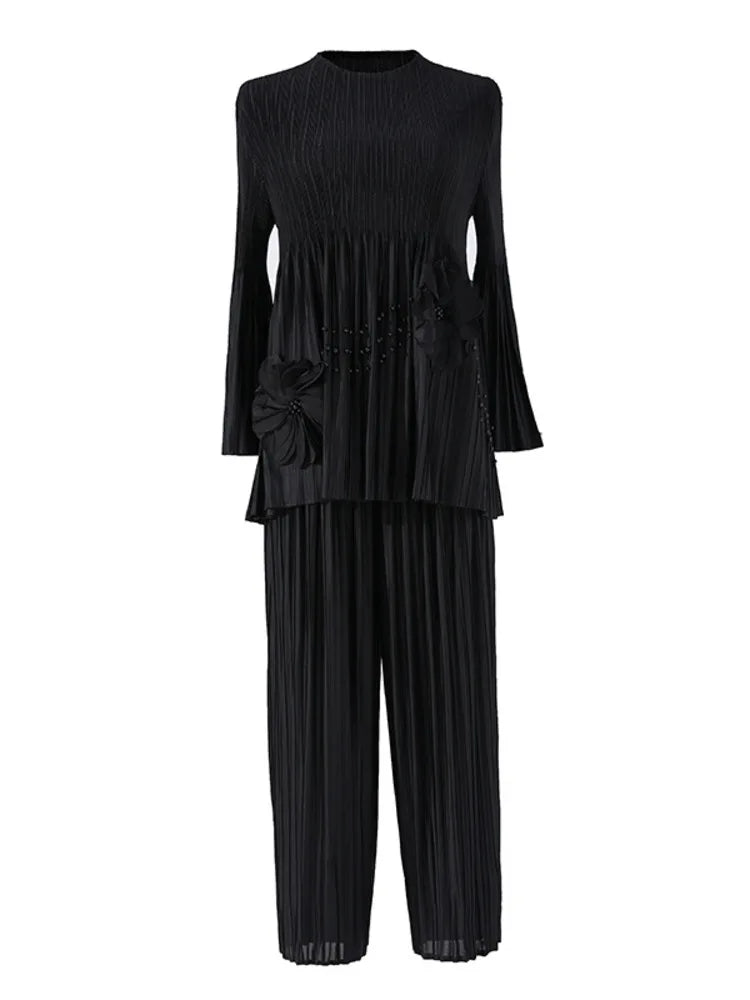 Pleated 2 Pieces Set Women's Spliced Flower Round Neck Long Sleeves Tops High Waist Wide Leg Pants