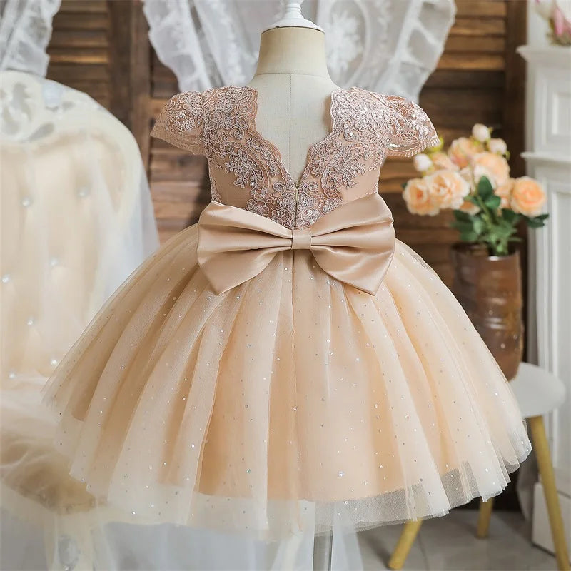 Toddler Girls 1st Birthday Party Dresses Cute Bow Kids Princess Lace Tulle Short Dress Flower Girls Dresses for Wedding 1-5 Year