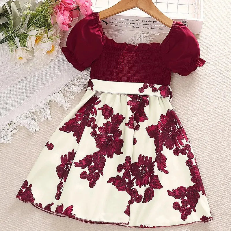 Dress Baby Girl 4-7 Years Khaki Color Shirred-Bodice Bubble-Sleeve Princess Dress Leisure Clothes Daily Casual Wear