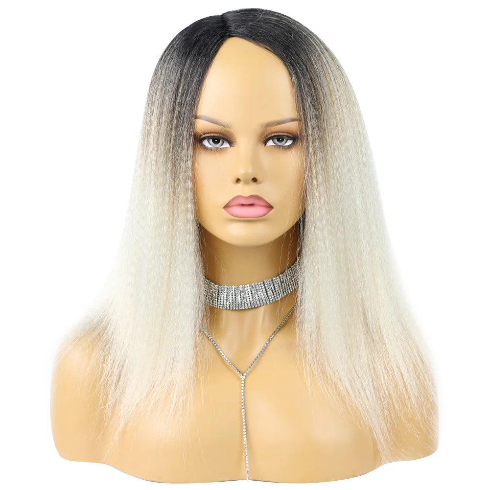 Kinky Curly Afro Hair Wigs Yaki Straight Wigs Ombre Synthetic Wig For Women Medium Part Women Black Natural Female Wigs cosplay
