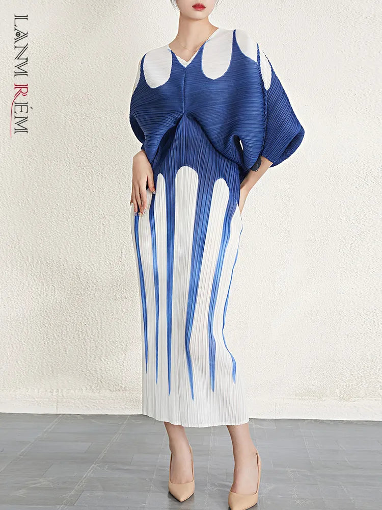LANMREM Color Block Printing Pleated Dress For Women V-neck High Waist Batwing Sleeves Dresses Female Clothes 2023 Summer 2YA335
