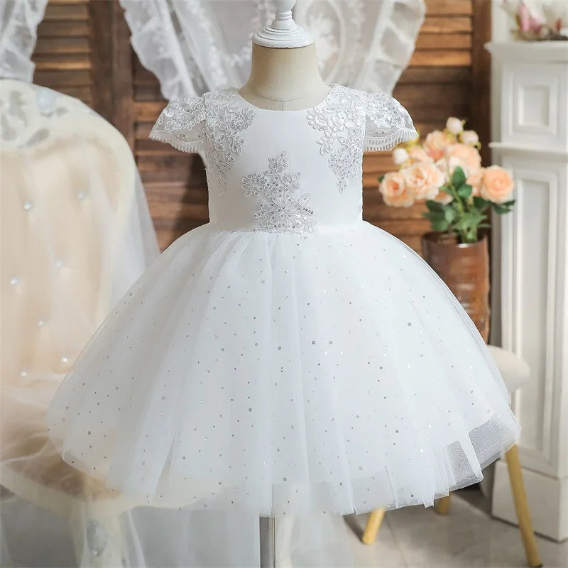 Toddler Girls 1st Birthday Party Dresses Cute Bow Kids Princess Lace Tulle Short Dress Flower Girls Dresses for Wedding 1-5 Year