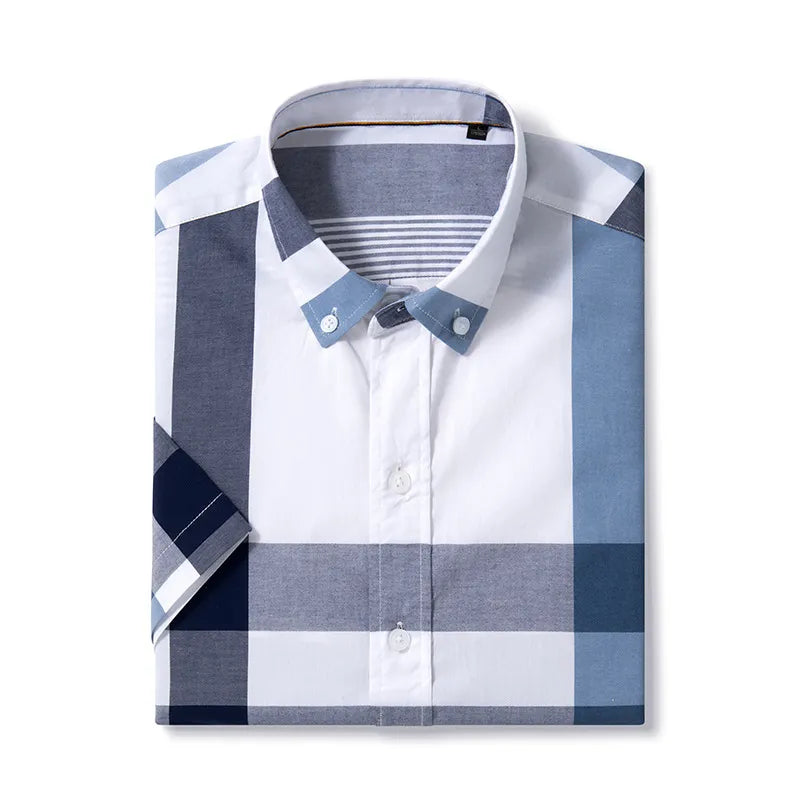 Stripe Plaid Shirt Men Short Sleeve Casual Fitting Oxford