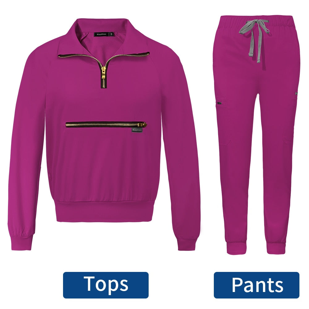 Scrubs Set Uniform Long Sleeved Medical Hospital Veterinary Nurse Uniforms-Scrub set-Top Super Deals-Rose red-XS-Free Item Online