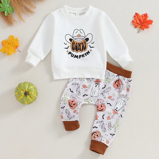 2Pcs Baby Boys Clothes Halloween Set Long Sleeve Crew Neck Letters Print Sweatshirt with Pumpkin Ghost Sweatpants Fall Clothes