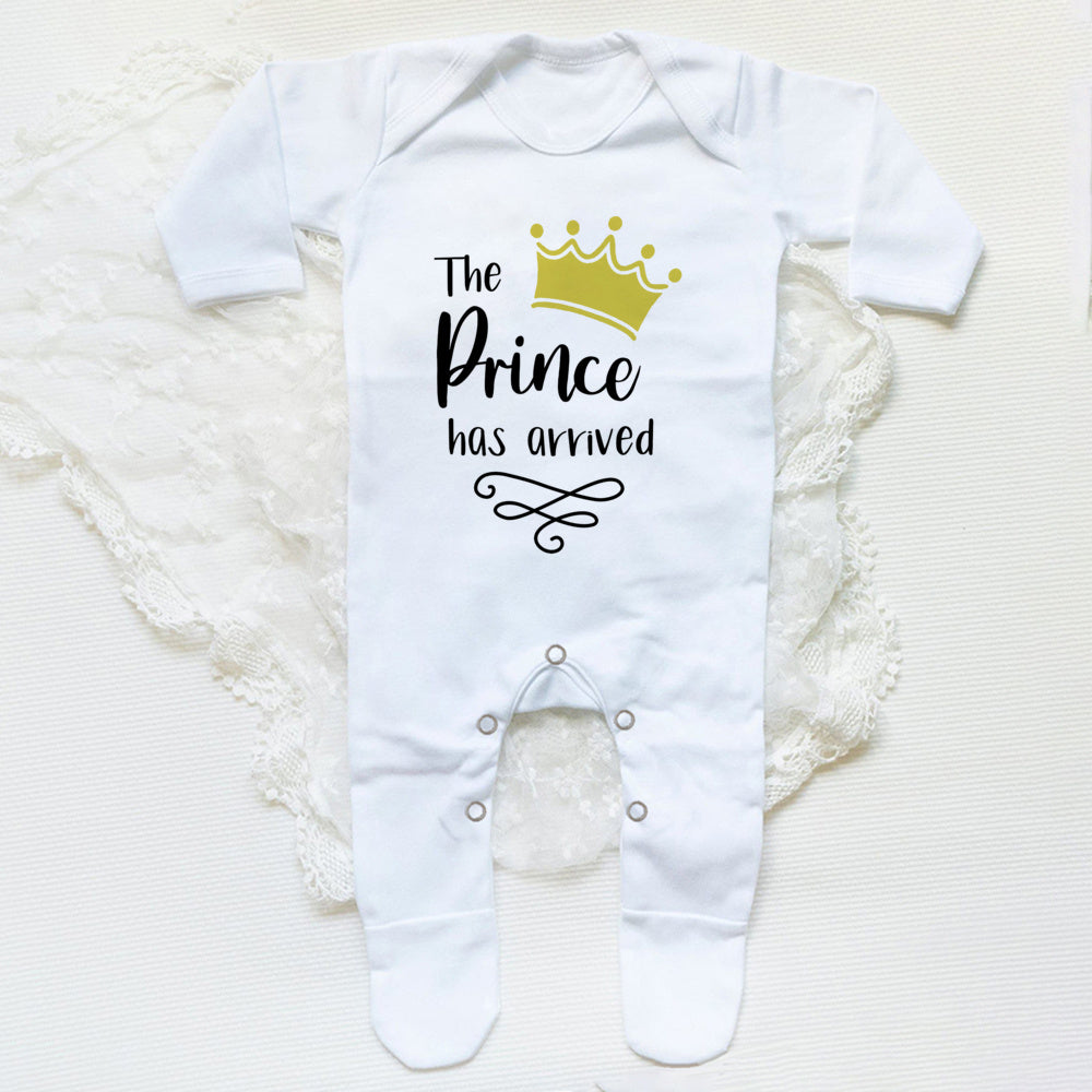 The Prince Has Arrived Print Baby Sleepsuit Bodysuit Newborn Boys Coming Home Hospital Clothes Infant Shower Gift