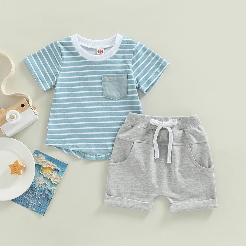 Toddler Baby Boys Summer Clothes Set Short Sleeve Striped T-Shirt Tops Elastic Waist Drawstring Shorts Casual Outfits