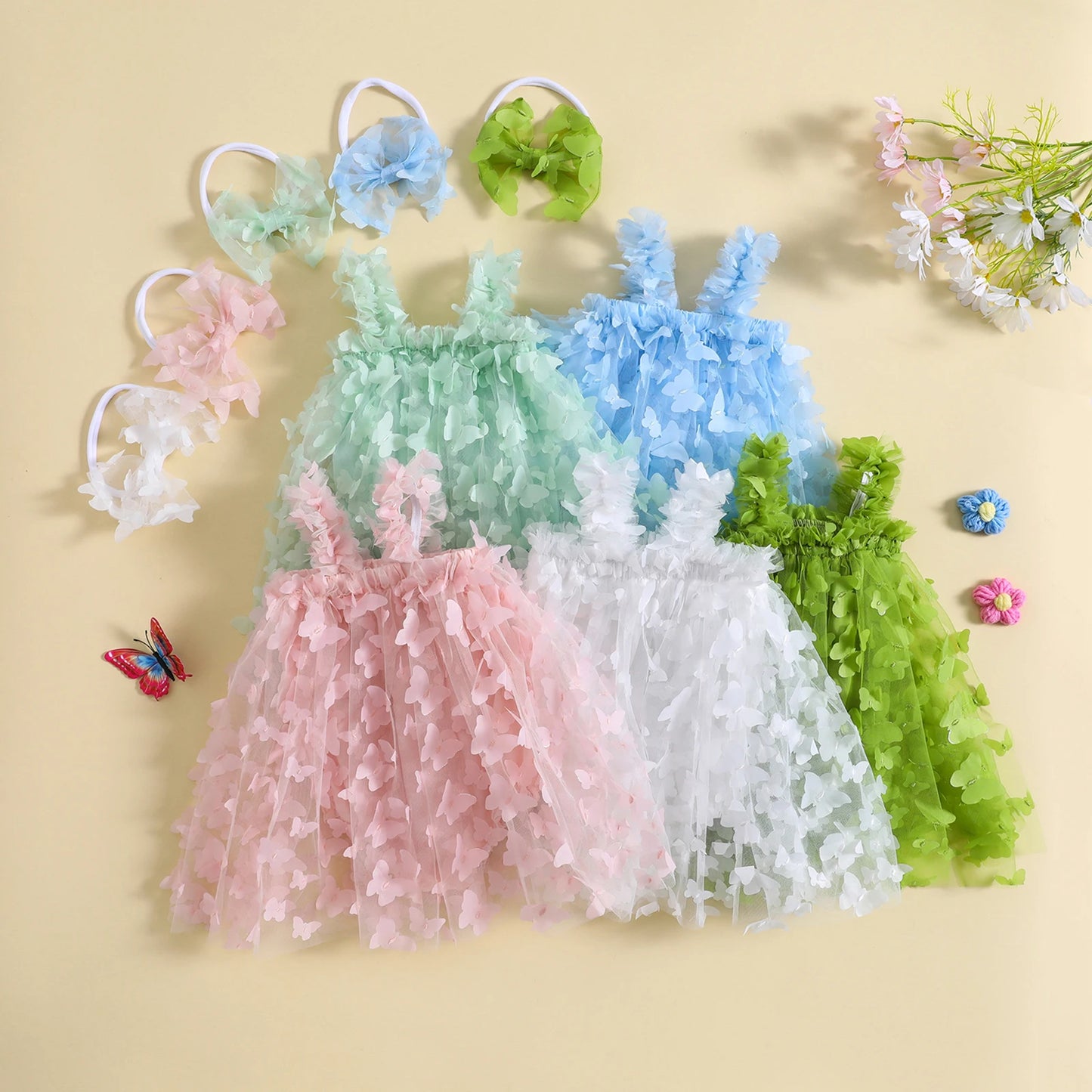 Baby Girls 2Pcs Summer Mesh Bodysuits Dress Newborn Outfits Sleeveless 3D  Tulle Tutu Bodysuit Headband Rompers Set