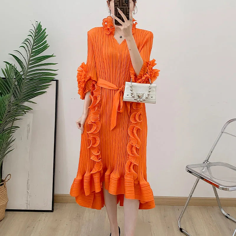 Pleated Fungus Edge Long Dress Summer Fashion Women's Clothing Elegant Medium Long Dress