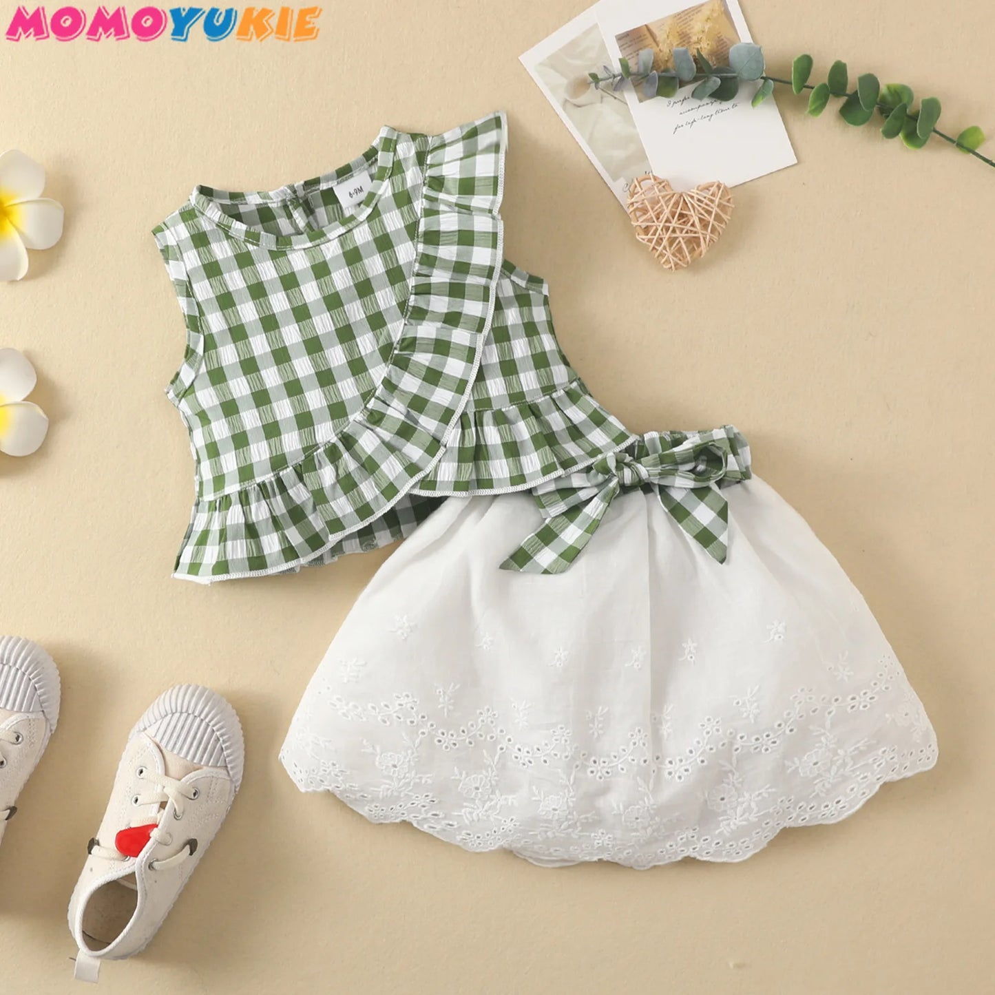 Toddler Baby Girls Clothes Sets ruffless plaid Tops Bow Skirts lace 2pcs