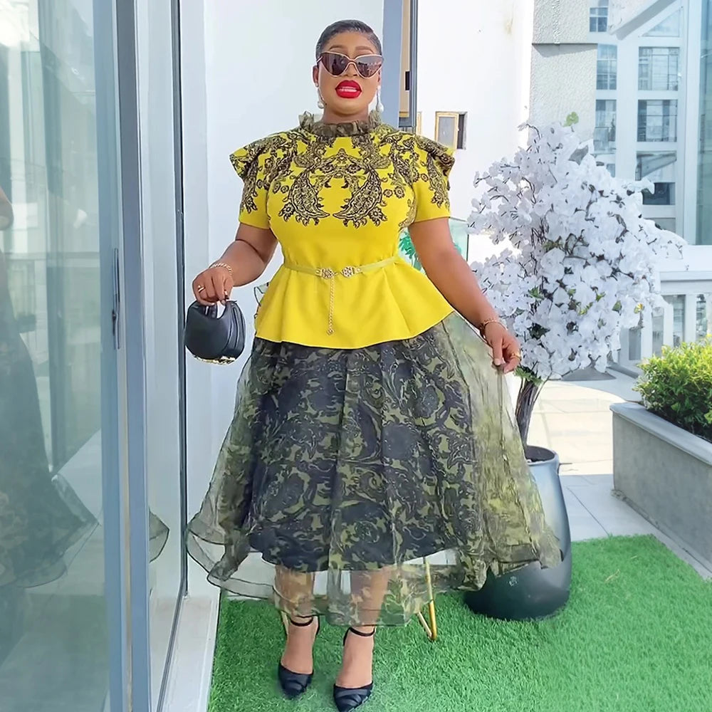 African Dresses for Women 2PCS Sets Tops And Skirts Suits Dashiki Ankara Print Outfits Plus Size Turkey Wedding Party Dress 2025