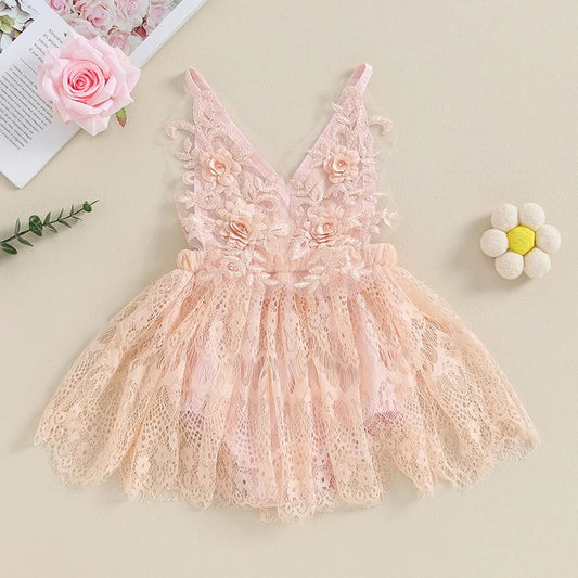 Princess Floral Lace Baby Girls Romper Dress Kids Summer Clothes Sleeveless V Neck Embroidery Backless Bodysuits Newborn Clothes