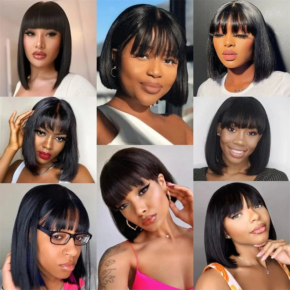 3X1 Middle Part Lace Wig Bob Wigs Full Machine Made Bone Straight Human Hair Wigs With Bangs Short Bob Human Hair Wigs For Women