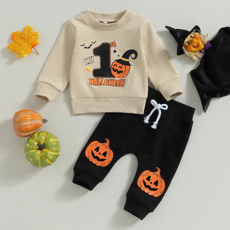 2Pcs Toddler Boys Fall Clothes Set 1st Halloween Outfits Pumpkin Bat Letter Print Long Sleeve Sweatshirts and Long Pants