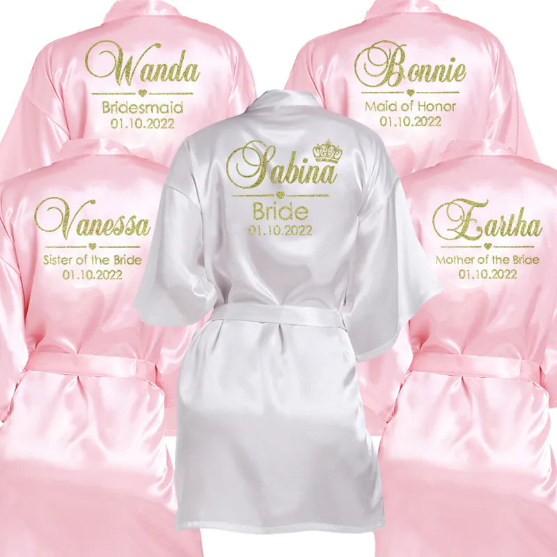 Customized Name Date Wedding Bathrobe Faux Silk Bridal Robe Bride Bridesmaid Wedding Robes Woman Bachelorette Hen Party