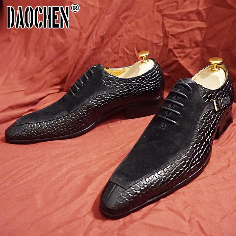 Luxury Men Oxford Shoes Lace up Split Toe Coffee Black Formal Men Dress Shoes Suede Patchwork Crocodile prints Leather Shoes Men