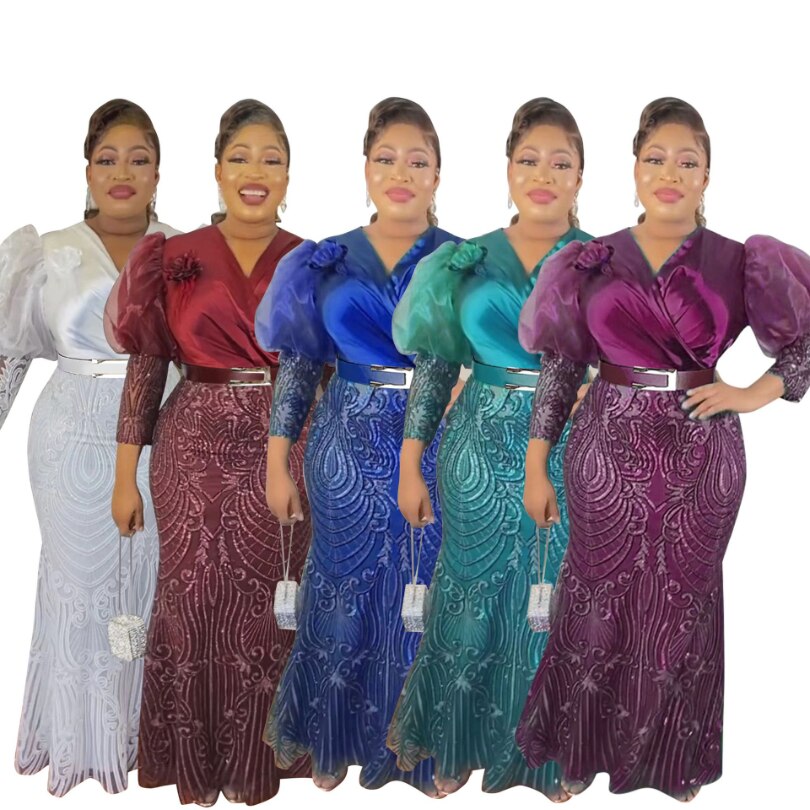 Plus Size African Party Long Dresses Women Sequin Evening Gowns