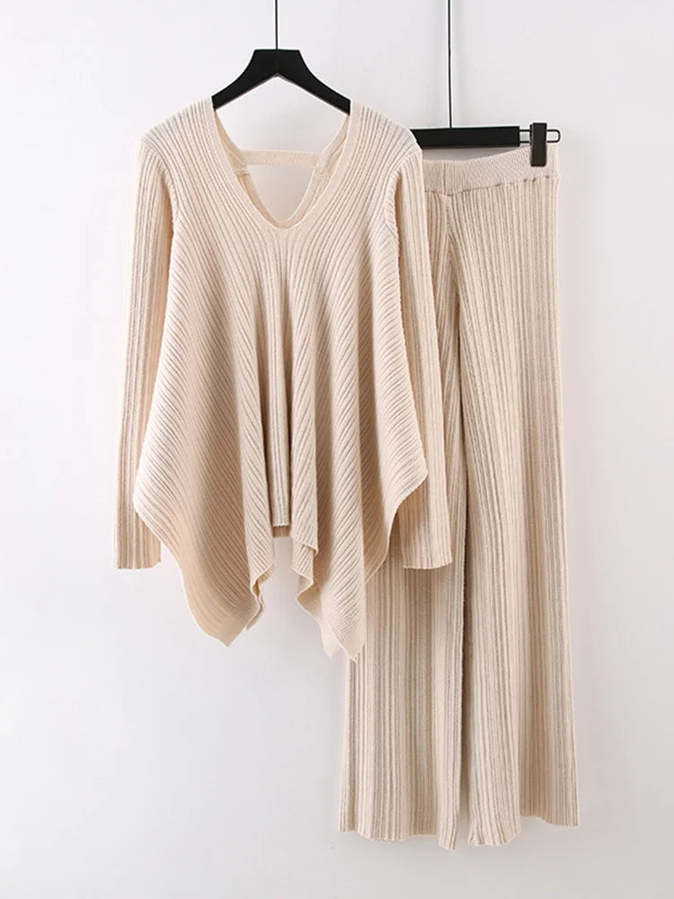 Irregular Knitted 2 Piece Set Women's V-neck Backless Long Sleeves Solid Sweater High Waist Wide Leg Trousers-church dresses-Top Super Deals-Apricot-One Size-Free Item Online