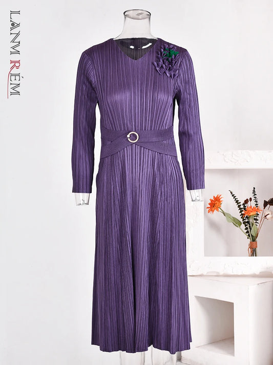 Waist Pleated Dress For Women V-neck Long Sleeves Designer Spliced Dresses