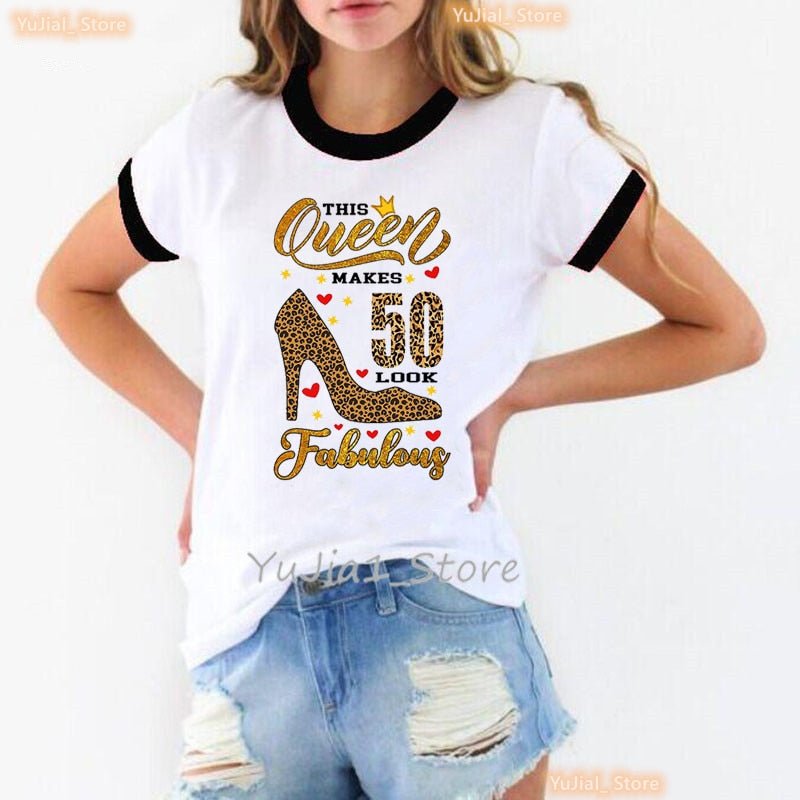 Queen Makes 50 Look Fabulous Graphic Print Women Leopard Love Birthday Party Tshirt