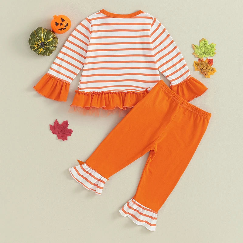 Girls Halloween Outfits Striped Pumpkin Print