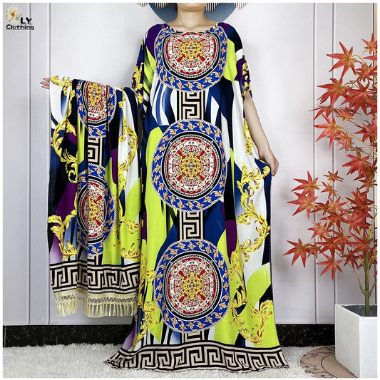 Women Short Sleeve Cotton Loose Femme Robe Dresses With Big Scarf