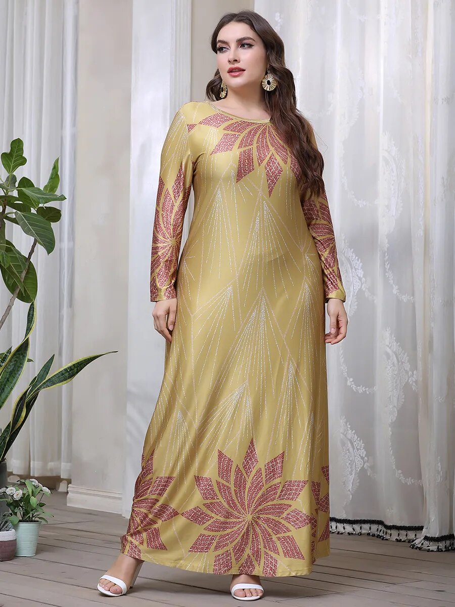 Winter Dress Woman Long Sleeve Retro Floral Printing Vintage Luxury Abaya Dubai Muslim Dress-dresses-Top Super Deals-Khaki-L-Free Item Online