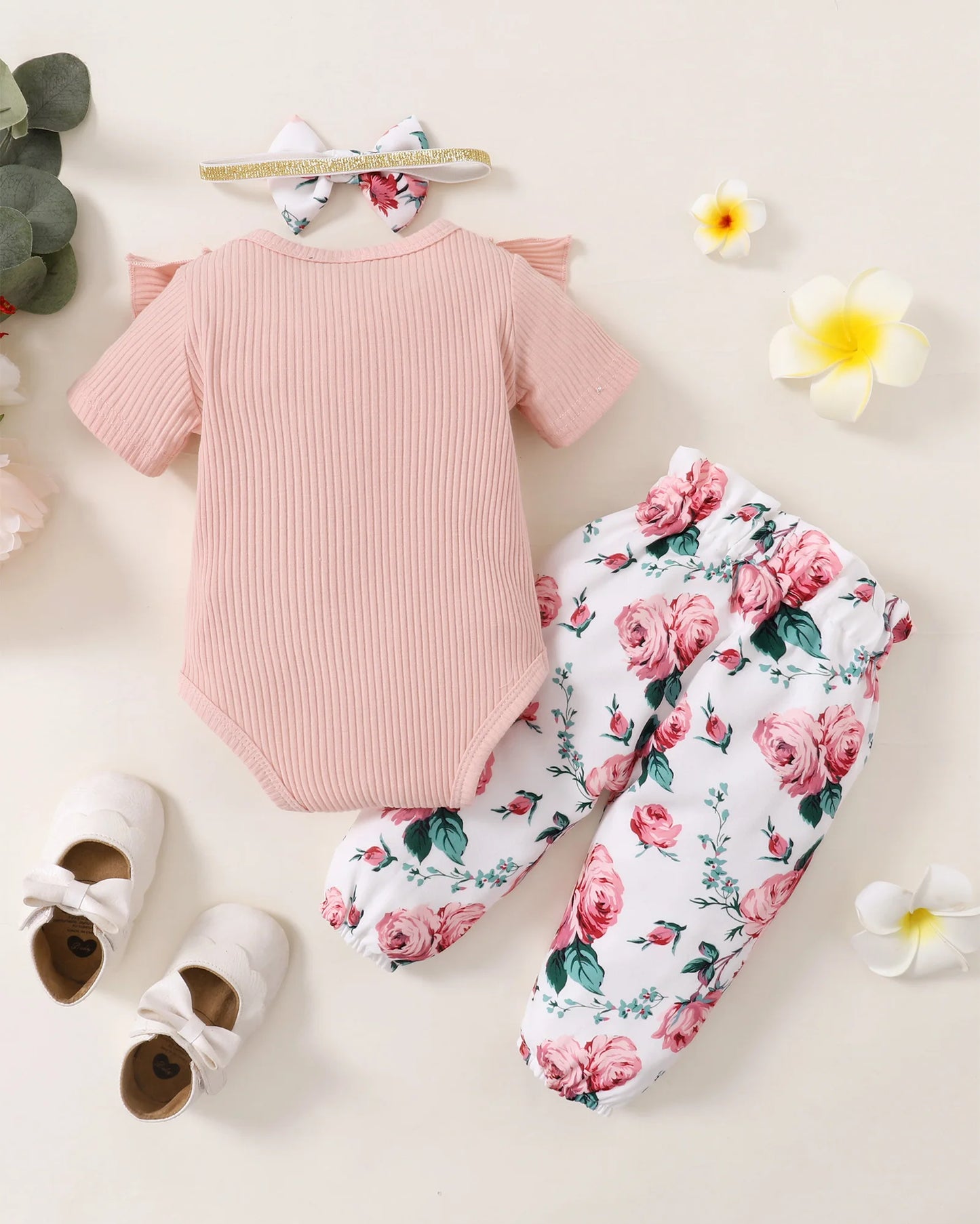 Newborn Baby Girl 3PCS Clothes Set Mommy's Little Girl Short Sleeve Romper+Flowers Pant+Headband Summer Outfit for 0-18 Months