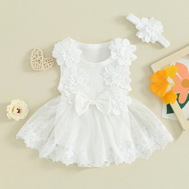 Infant Baby Clothing Girl Summer Outfits Solid Sleeveless Round Neck Tulle Patchwork Lace Floral Romper with Headband