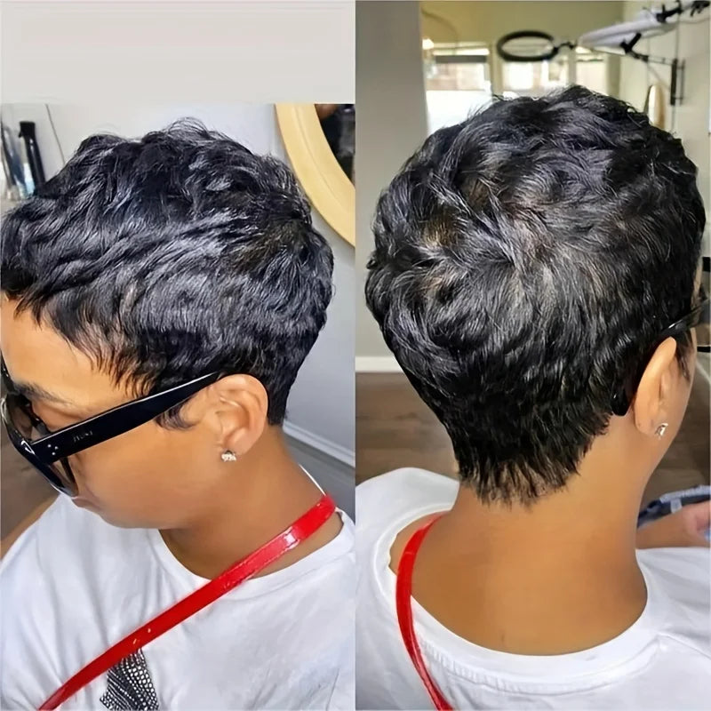 Short Pixie Cut Wig Human Hair For Women Machine Made Wigs With Bangs Colored Wig 180 Density