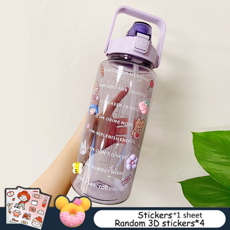 2L Large Capacity Water Bottle With Bounce Cover Time Scale Reminder Frosted Cup With Cute Stickers For Outdoor Sports Fitness