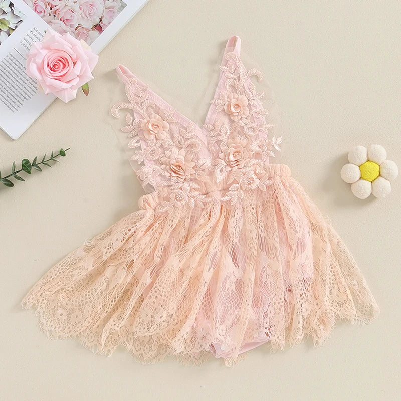 Princess Floral Lace Baby Girls Romper Dress Kids Summer Clothes Sleeveless V Neck Embroidery Backless Bodysuits Newborn Clothes