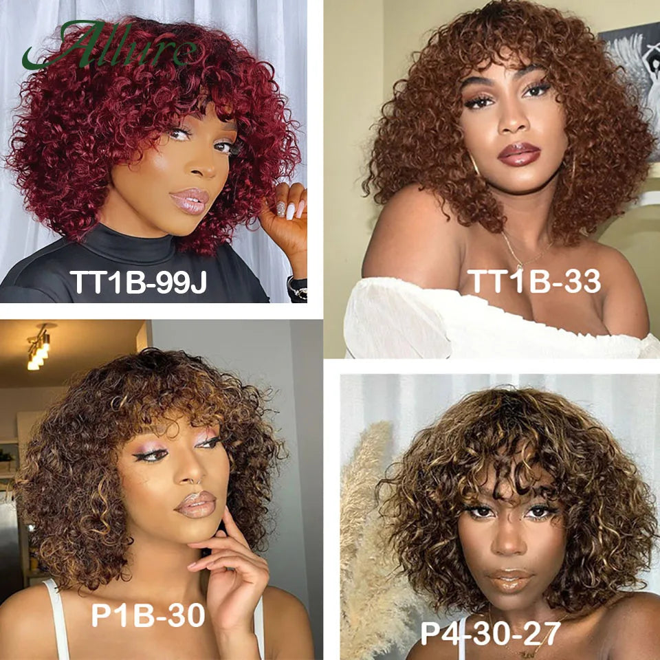 Natural Jerry Curly Wig With Bangs Human Hair Wigs Black Women Short Colored Burgundy Brown Glueless Brazilian Remy Hair Allure