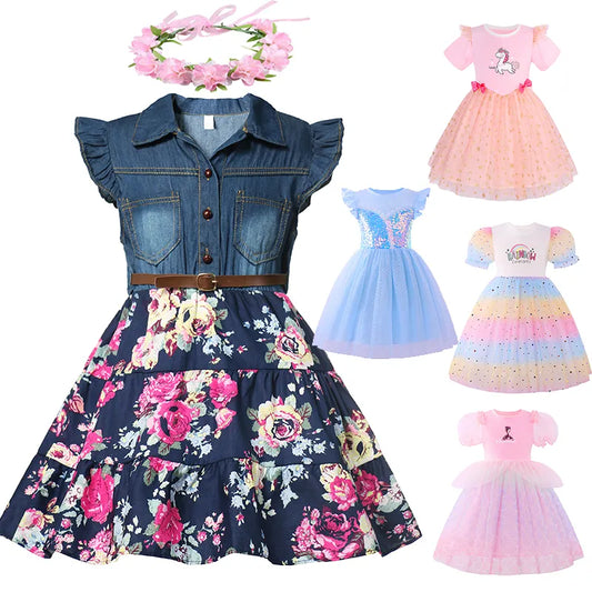 Summer Girls Denim Floral Dress Short Sleeve Casual Clothes