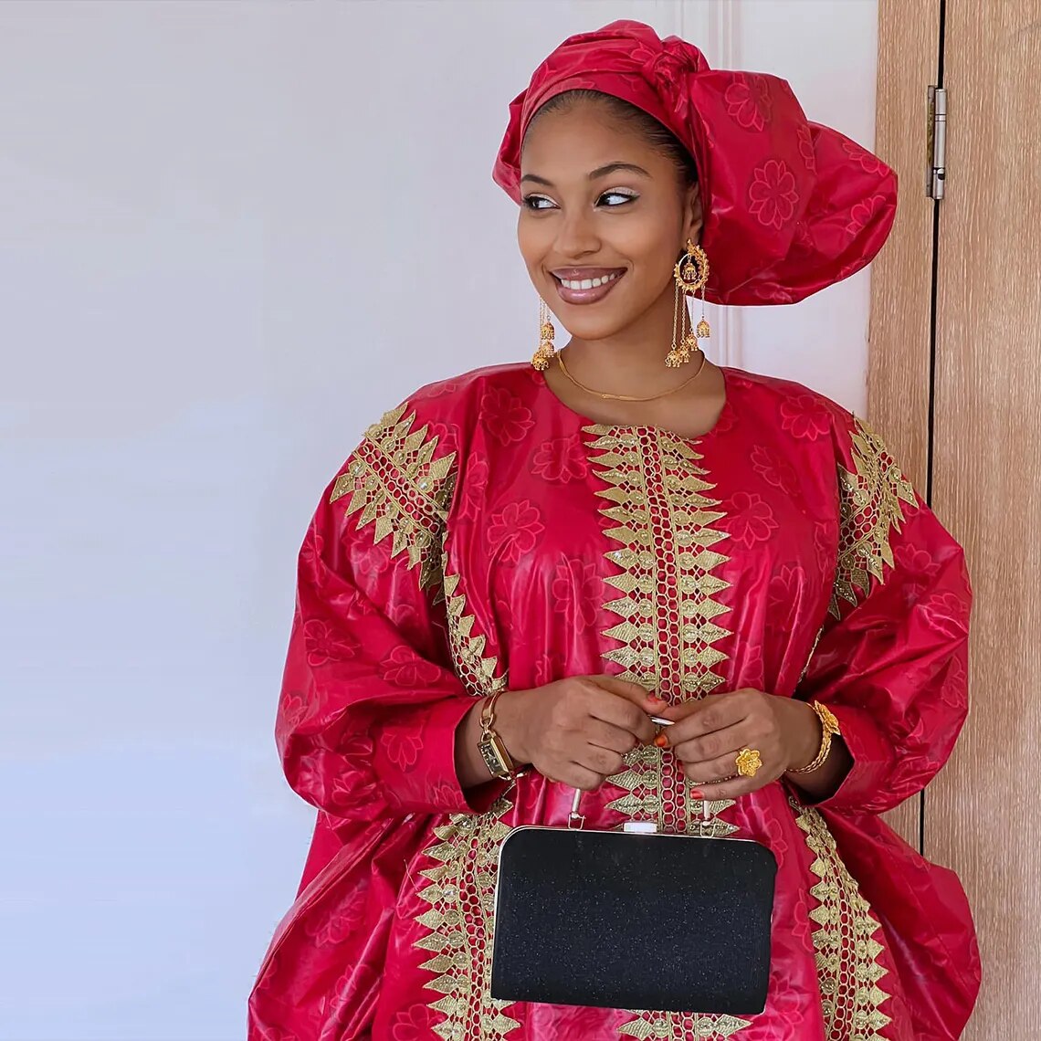 Red Boubou Wedding Dashiki With Gold Embroidery Gown-abaya-Top Super Deals-Free Item Online