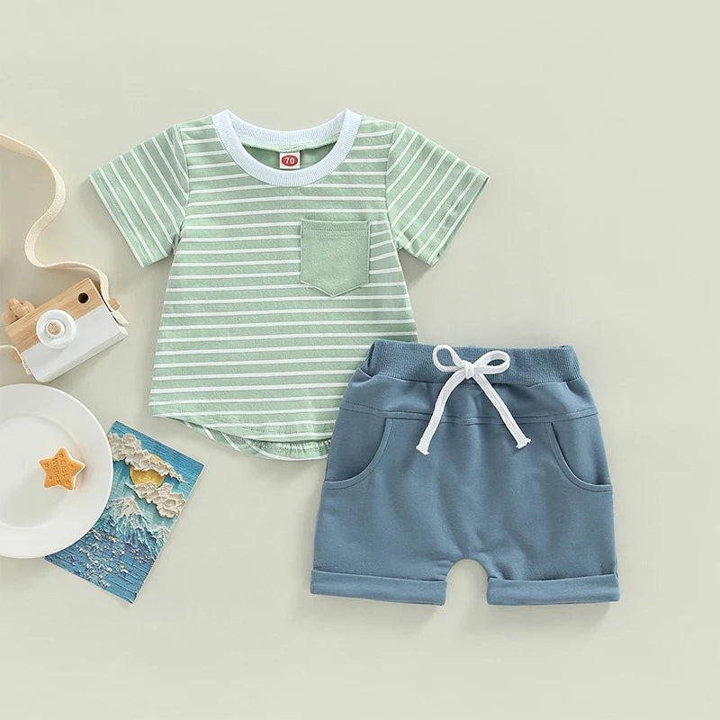 Toddler Baby Boys Summer Clothes Set Short Sleeve Striped T-Shirt Tops Elastic Waist Drawstring Shorts Casual Outfits