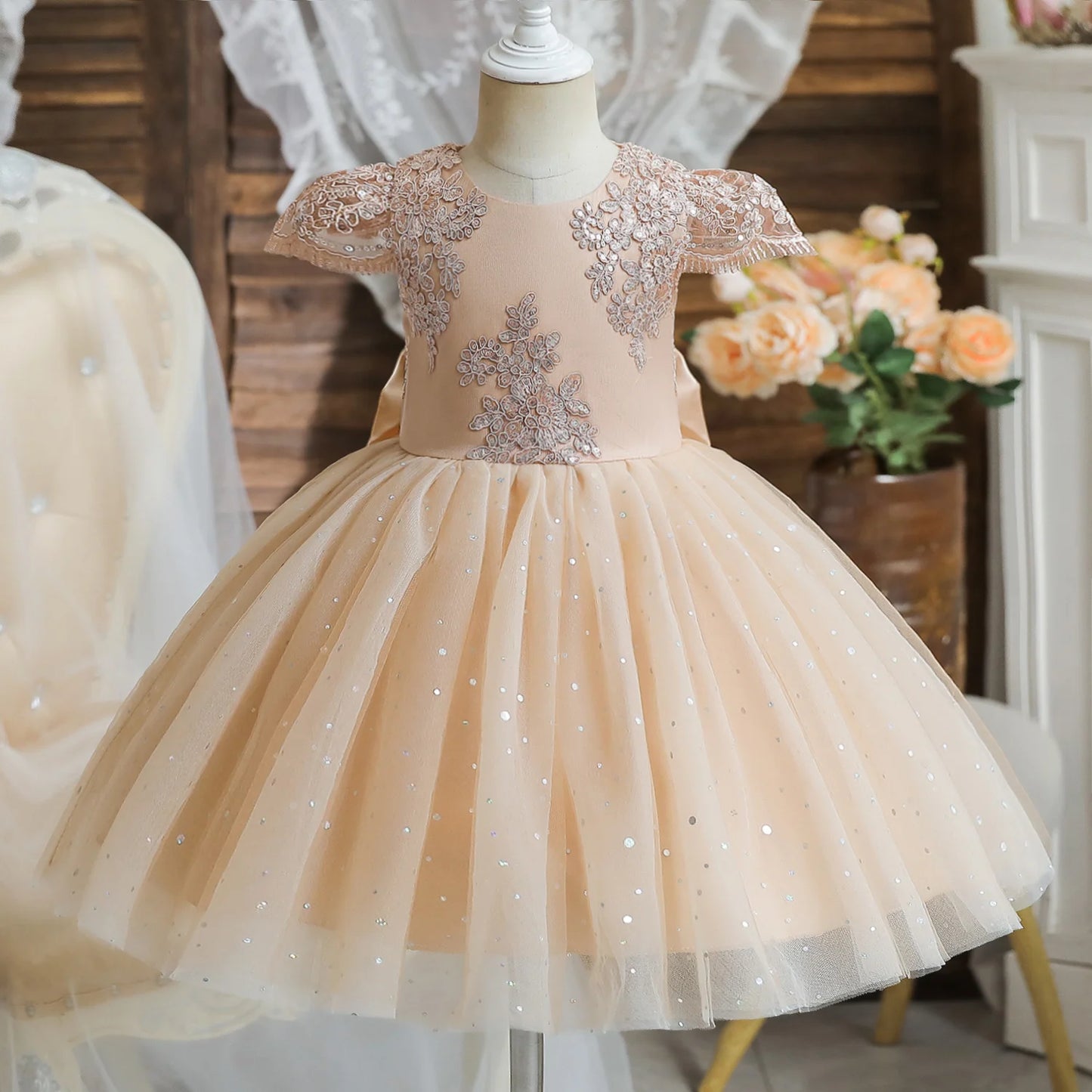 Toddler Girls 1st Birthday Party Dresses Cute Bow Kids Princess Lace Tulle Short Dress Flower Girls Dresses for Wedding 1-5 Year