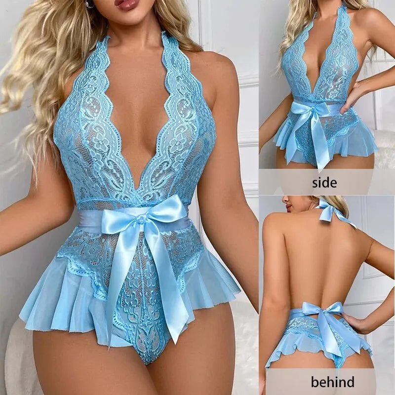 Summer Fashionable and Sexy Deep V-Neck with Backless Lace and Waist Bow Belt for Women's One-Piece Lace Sexy Pajamas