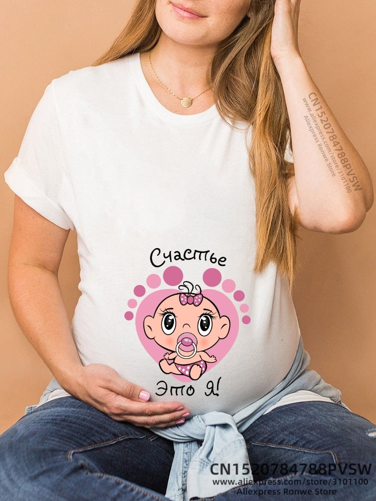Maternity Clothes Casual Pregnancy T Shirts Baby Print Funny Women Summer Tees Tops White