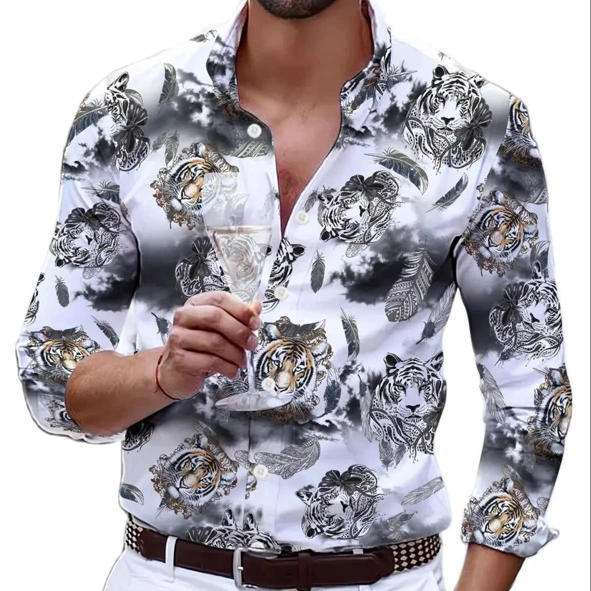 Men's Long Sleeved Party Street Hawaiian Polo Neck Shirt