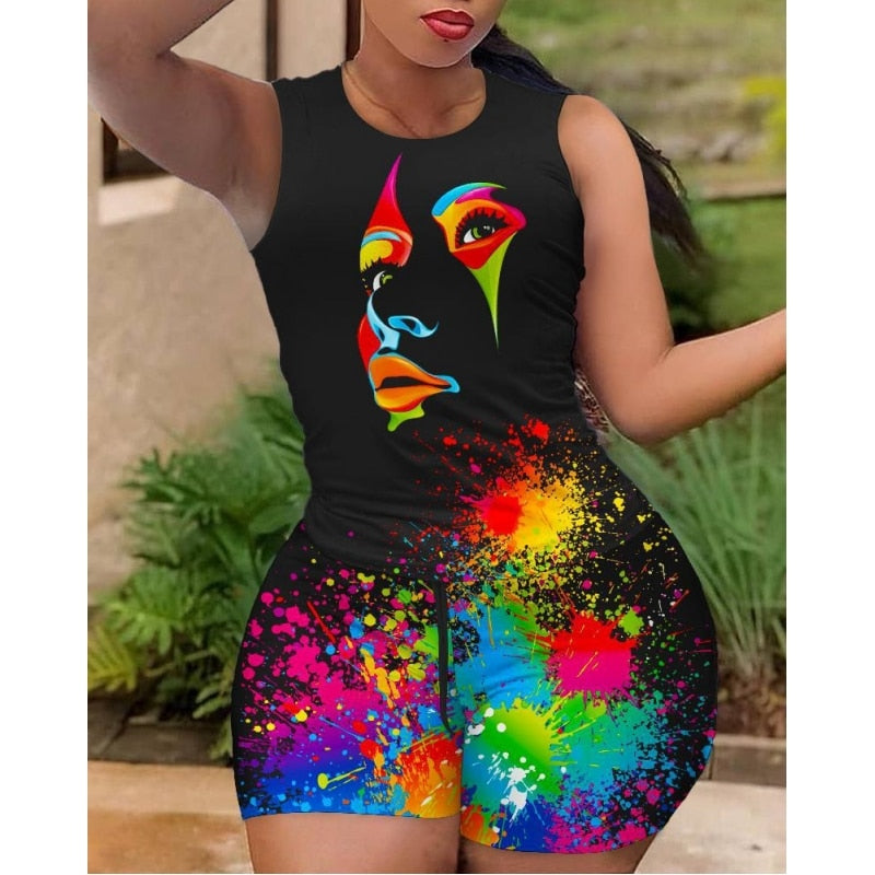 Hot Pants Two Piece Set 2023 Summer  Fashion Casual Printing Quick Drying Sports Fitness Top Shorts Female Suit