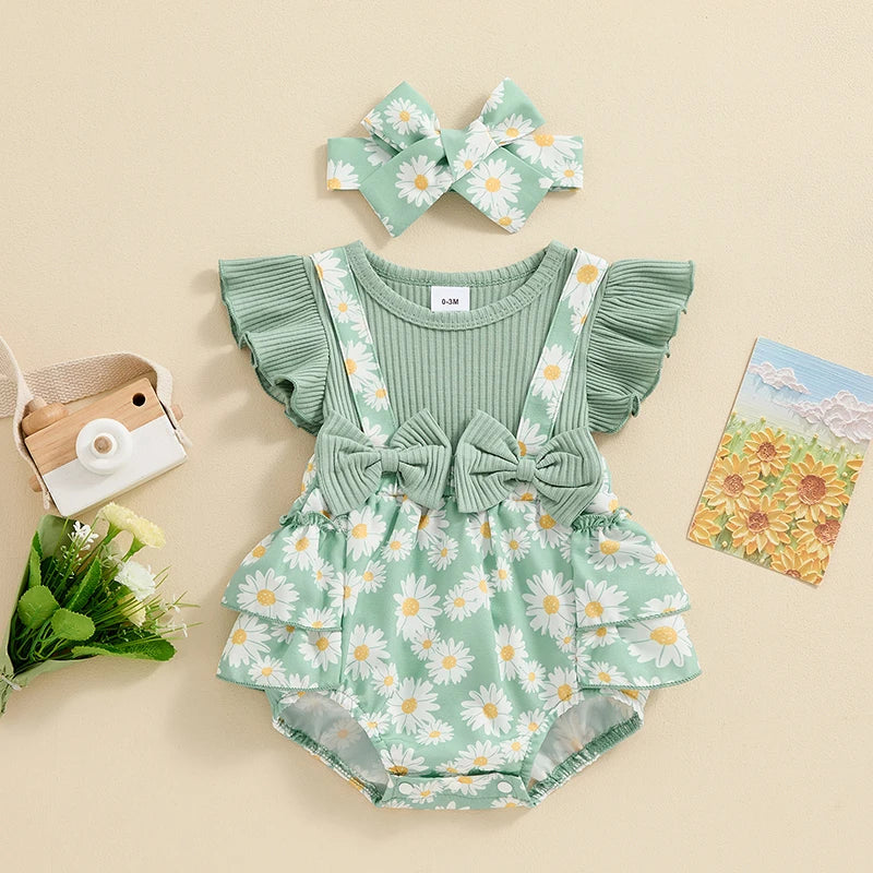 Baby Clothing Girls Hairband Flower Print Bow Patchwork Romper Jumpsuit Summer Newborn Clothes 0-18M