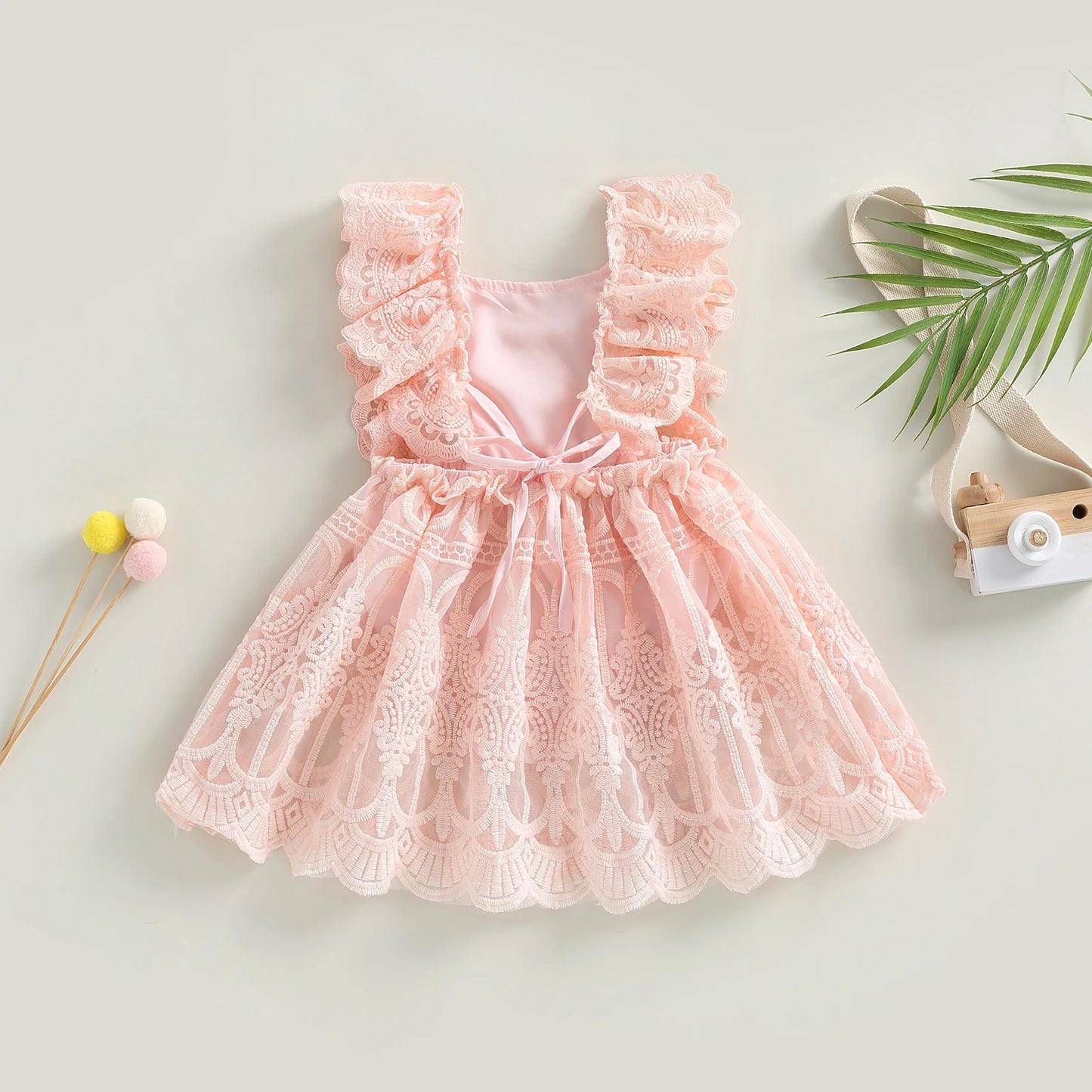 Pudcoco Infant Newborn Baby Girl Summer Lace Romper, Ruffle Sleeve Backless Solid Color Infant Romper Dress 0-24M