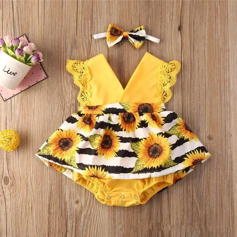 Newborn Jumpsuit Baby Girls Summer Romper Dress with Headband Outfits