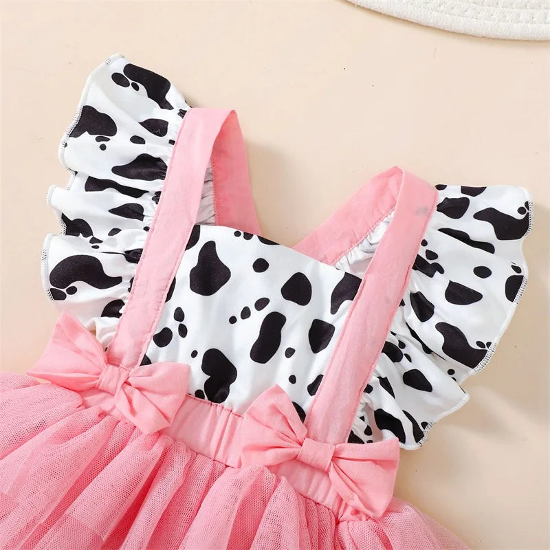 Summer Baby Clothing Girls Romper Dress Flying Sleeve Cow Print Tulle Patchwork Romper with Headband Casual Cute Outfits