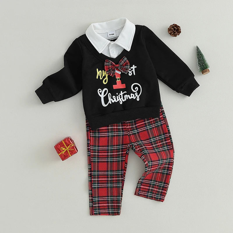 2Pcs Toddler Boys Girls Fall Clothes Christmas Outfits Long Sleeve Lapel Collar Patchwork Sweatshirts Plaid Pants Clothes Set